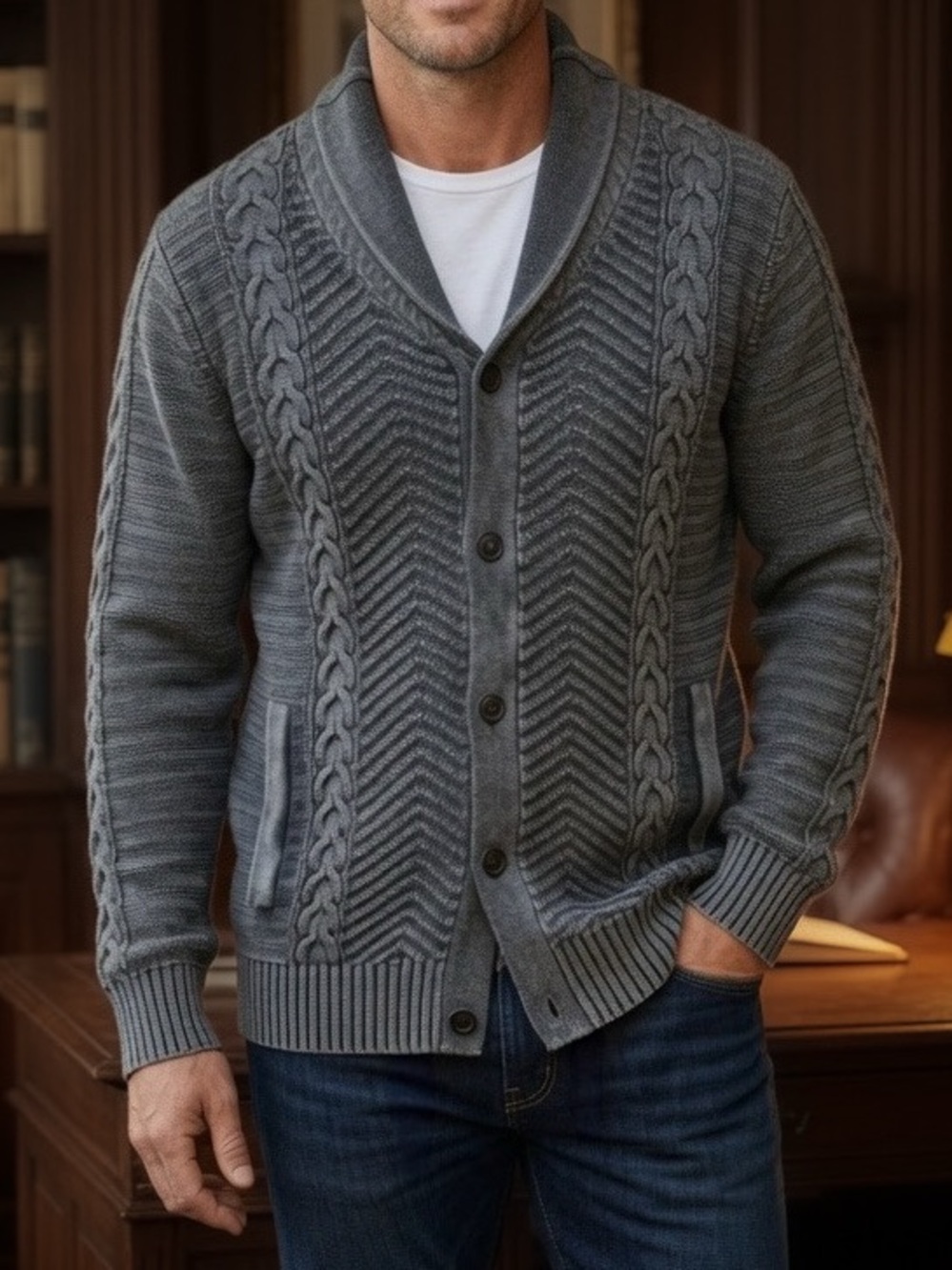 Rock & Republic Men’s Shawl Collar Gray Cable Knit Cardigan Button Sweater Sz XL
